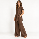 Brown Asymmetric Linen Tunic and Wide-Leg Trouser Set side view