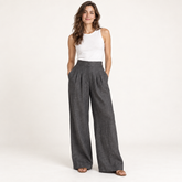 Charcoal High-Waisted Pleated Linen Wide-Leg Trousers front view