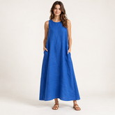 Cobalt Blue Loose-Fit Linen Maxi Dress with Pockets front view
