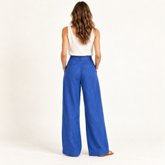Cobalt Blue High-Waisted Linen Wide-Leg Trousers back view