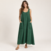 Emerald Green Sleeveless Linen Maxi Dress with Pockets front view