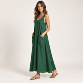 Emerald Green Sleeveless Linen Maxi Dress with Pockets side view