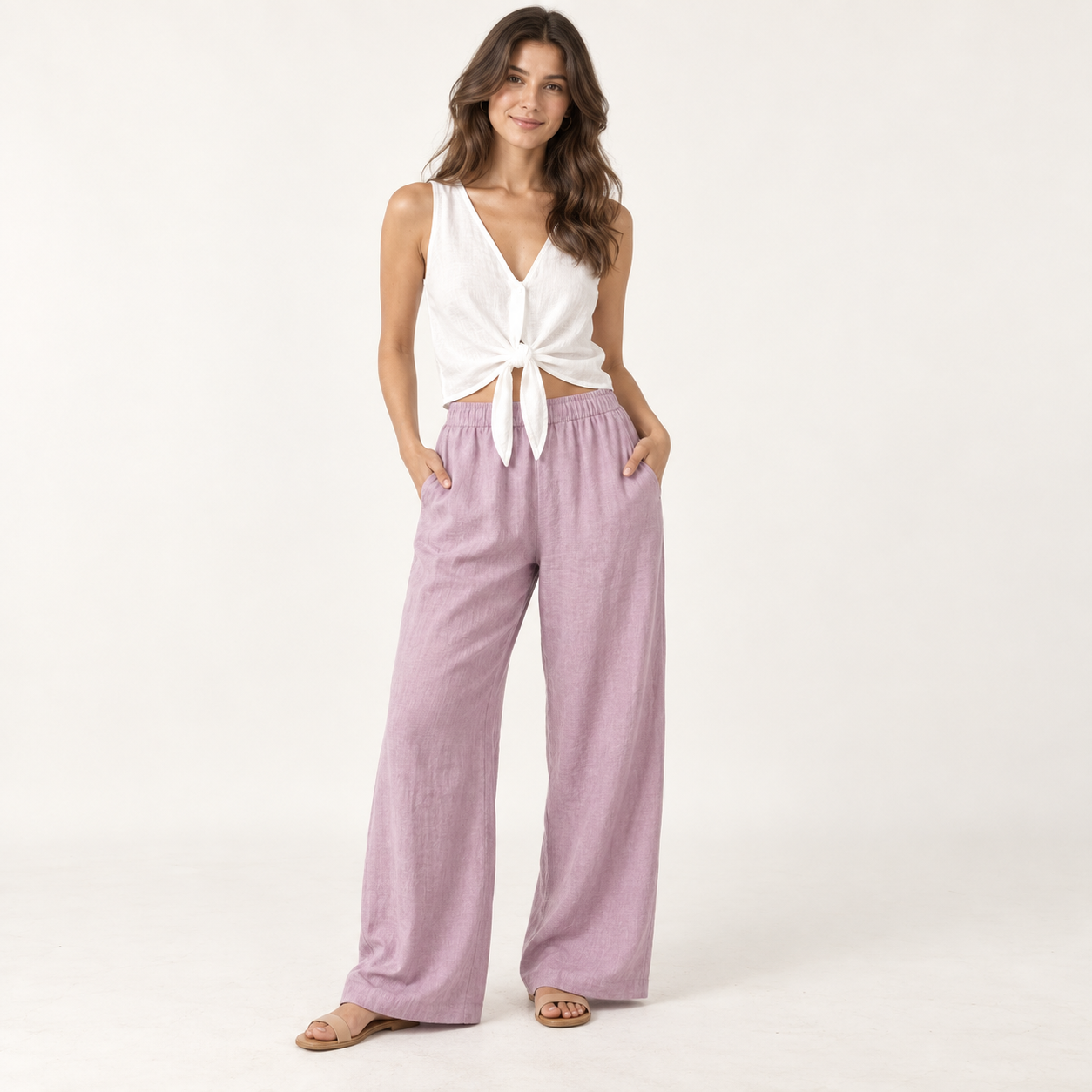 Lavender Pink Relaxed Linen Wide-Leg Trousers front view
