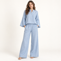 Light Blue Bell-Sleeve Cotton-Linen Co-ord Set front view