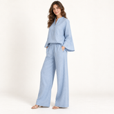 Light Blue Bell-Sleeve Cotton-Linen Co-ord Set side view