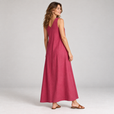Rear three-quarter view of Cuirsy magenta V-neck linen maxi dress