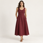 Maroon Round-Neck Linen Midi Dress with Pockets front view