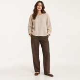 Natural Beige Relaxed Long-Sleeve Linen Top front view