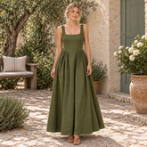 Front view of Cuirsy olive green square-neck linen maxi dress
