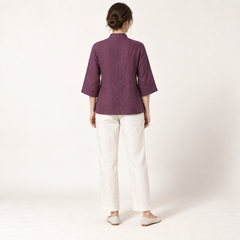 Plum Frog-Button Linen Blouse with Patch Pockets back view