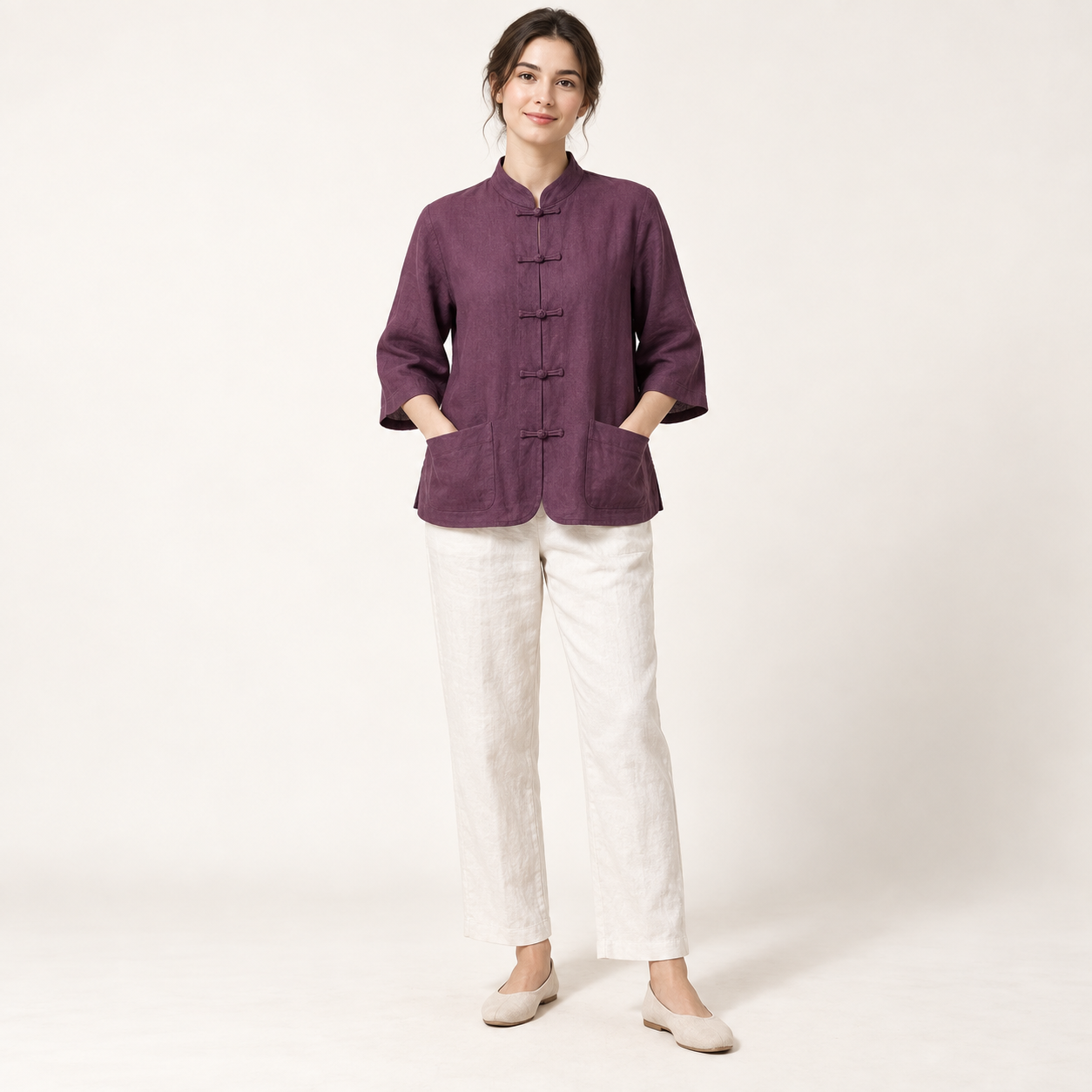 Plum Frog-Button Linen Blouse with Patch Pockets front view