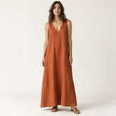 Rust Orange Deep V-Neck Linen Maxi Dress front view