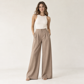 Cuirsy warm taupe high-waisted pleated cotton palazzo trousers front view