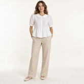White Peter Pan Collar Linen Peplum Blouse front view