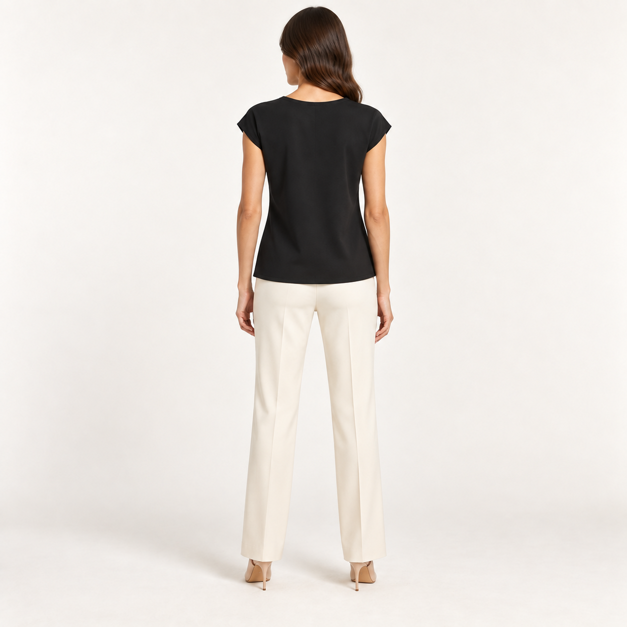 Black Minimalist Cap-Sleeve Jersey Blouse back view
