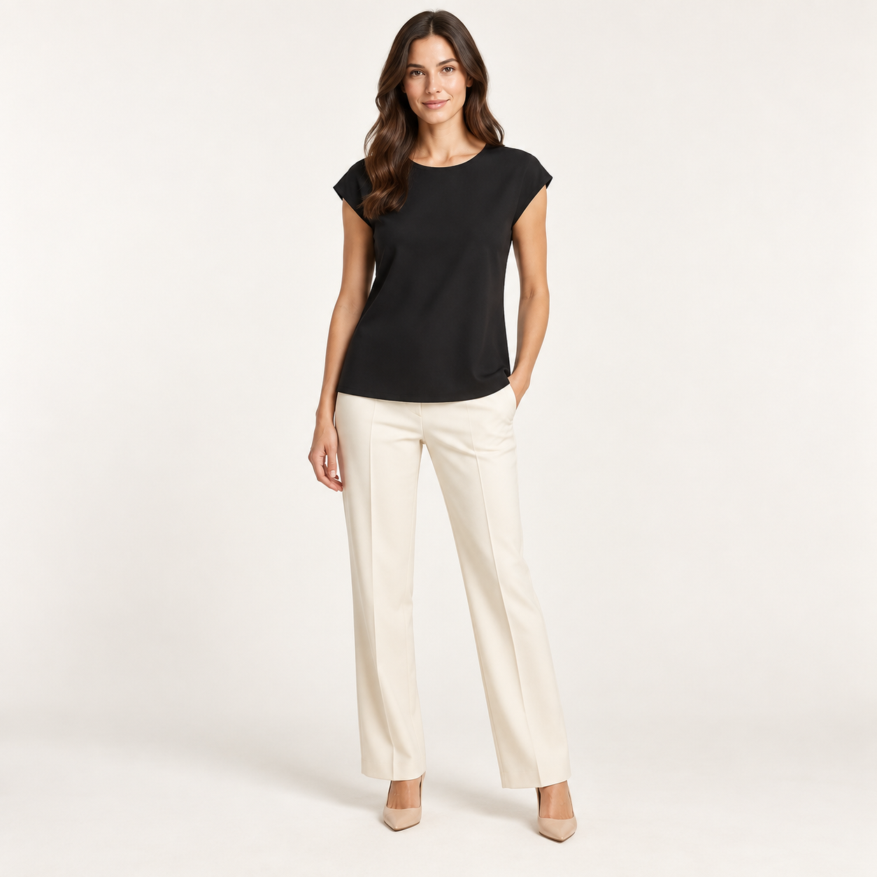 Black Minimalist Cap-Sleeve Jersey Blouse front view