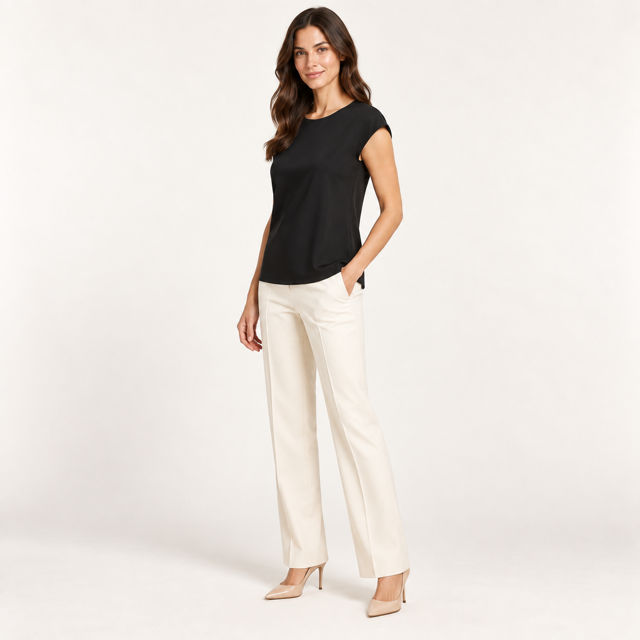 Black Minimalist Cap-Sleeve Jersey Blouse side view
