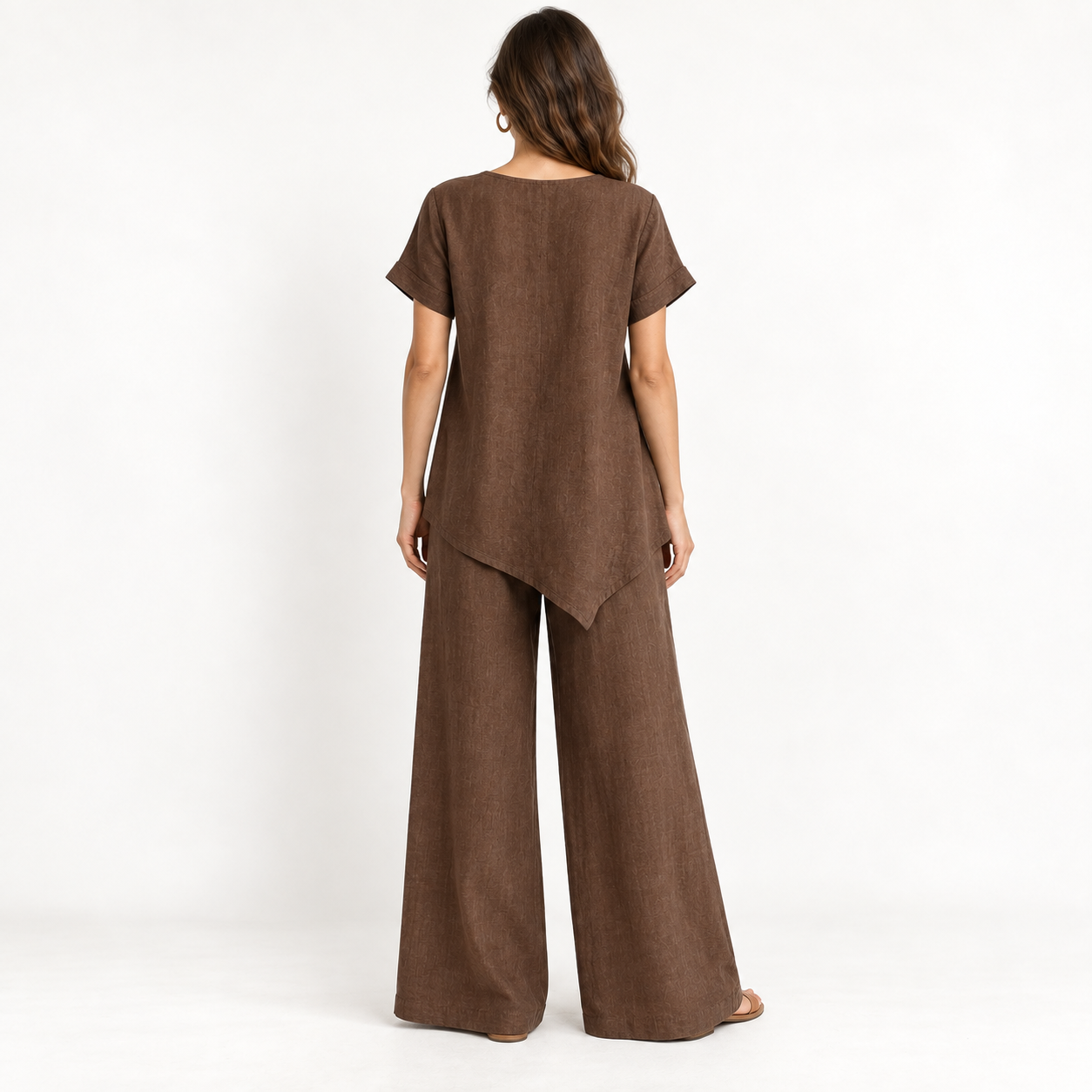 Brown Asymmetric Linen Tunic and Wide-Leg Trouser Set back view