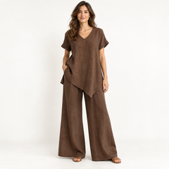 Brown Asymmetric Linen Tunic and Wide-Leg Trouser Set front view