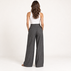 Charcoal High-Waisted Pleated Linen Wide-Leg Trousers back view