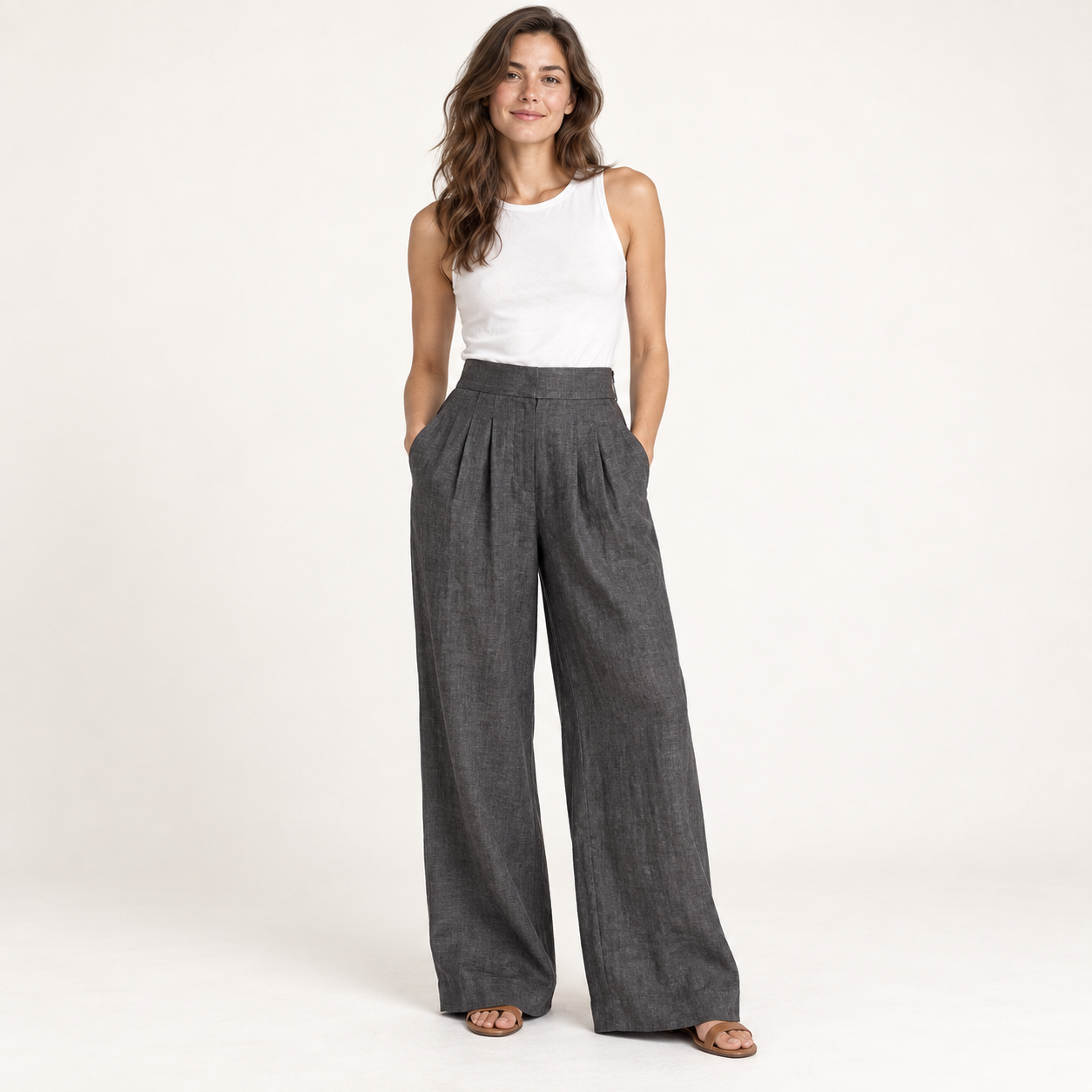 Charcoal High-Waisted Pleated Linen Wide-Leg Trousers front view