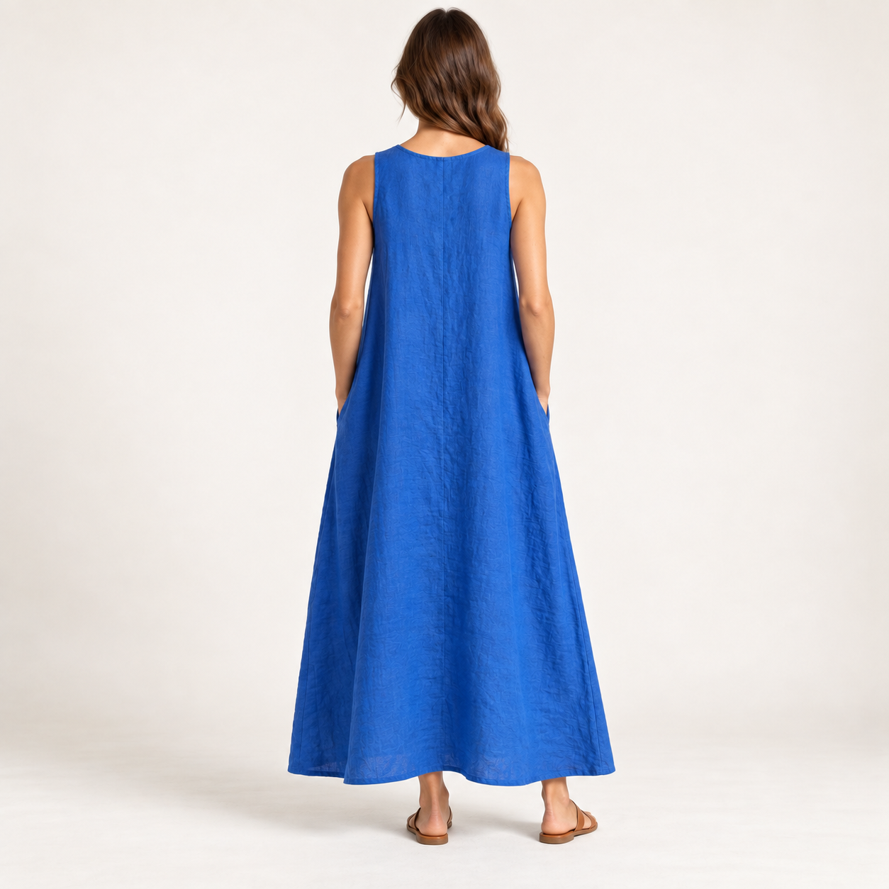 Cobalt Blue Loose-Fit Linen Maxi Dress with Pockets back view