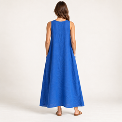 Cobalt Blue Loose-Fit Linen Maxi Dress with Pockets back view