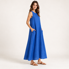 Cobalt Blue Loose-Fit Linen Maxi Dress with Pockets side view