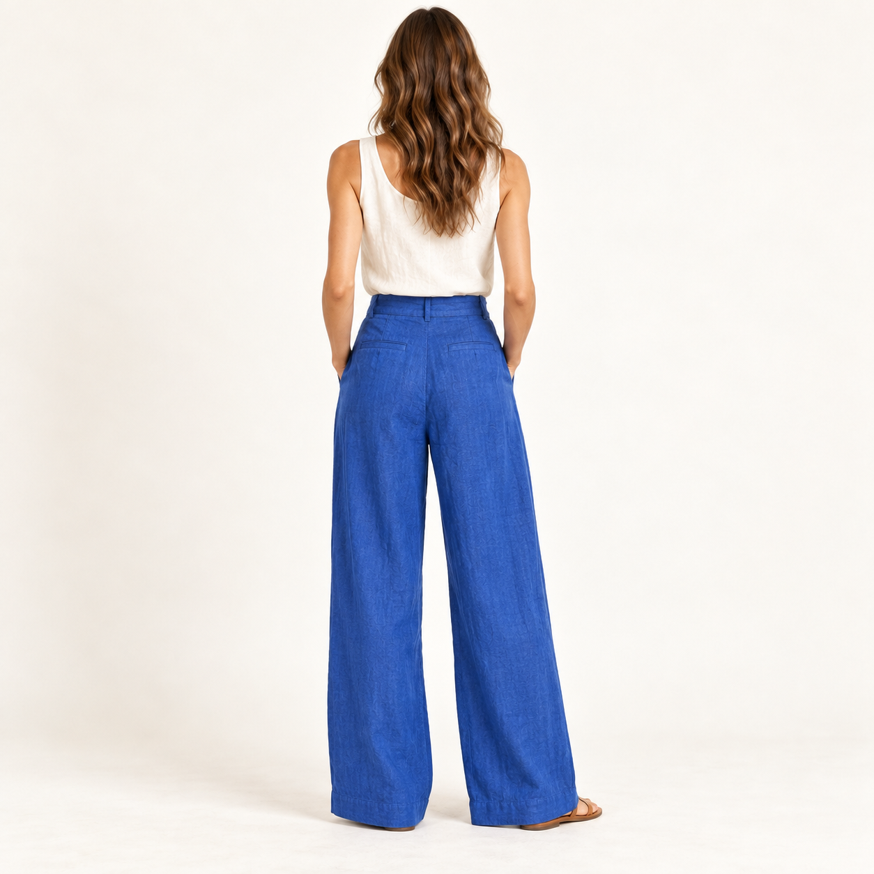 Cobalt Blue High-Waisted Linen Wide-Leg Trousers back view