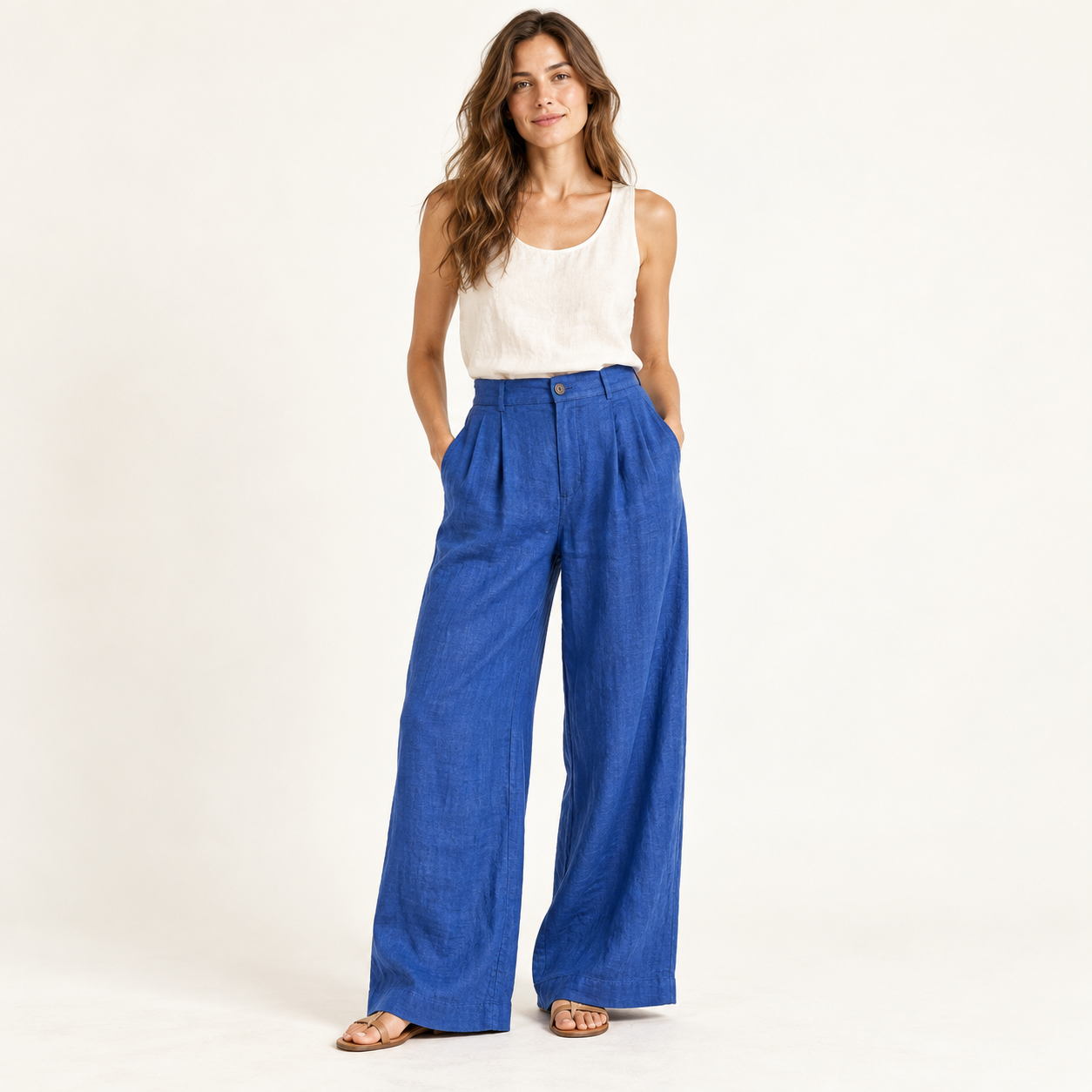 Cobalt Blue High-Waisted Linen Wide-Leg Trousers front view