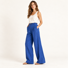 Cobalt Blue High-Waisted Linen Wide-Leg Trousers side view