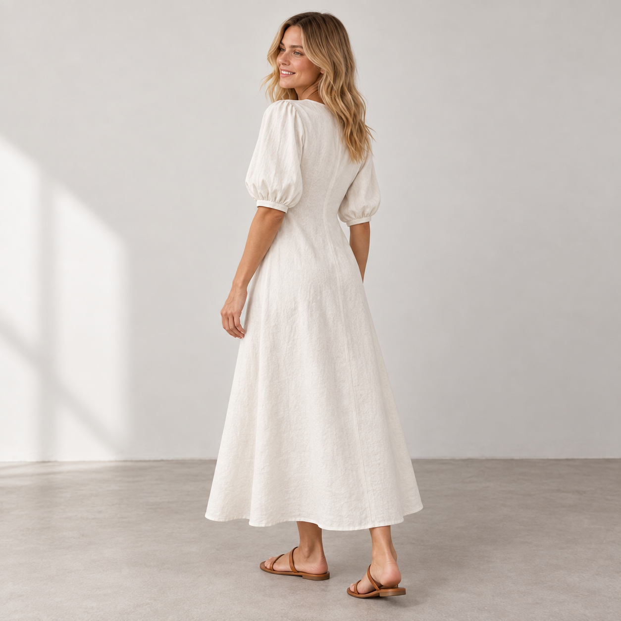 Rear three-quarter view of Cuirsy cream linen dress with puff sleeves