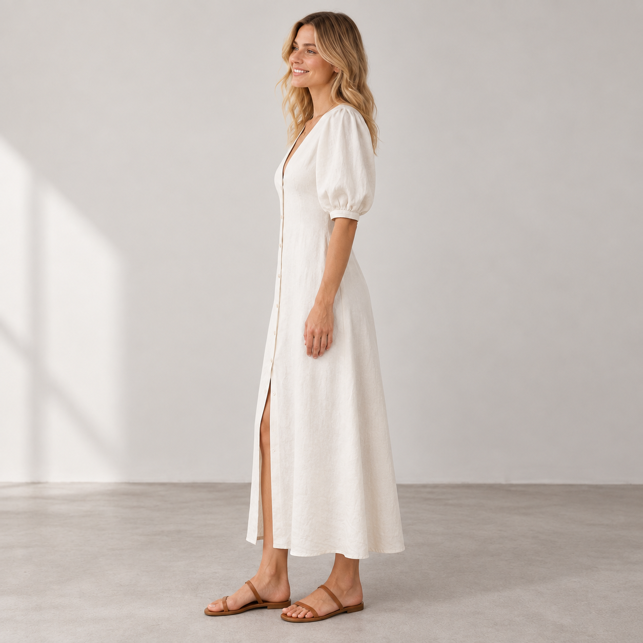 Side view of Cuirsy cream button-front linen dress