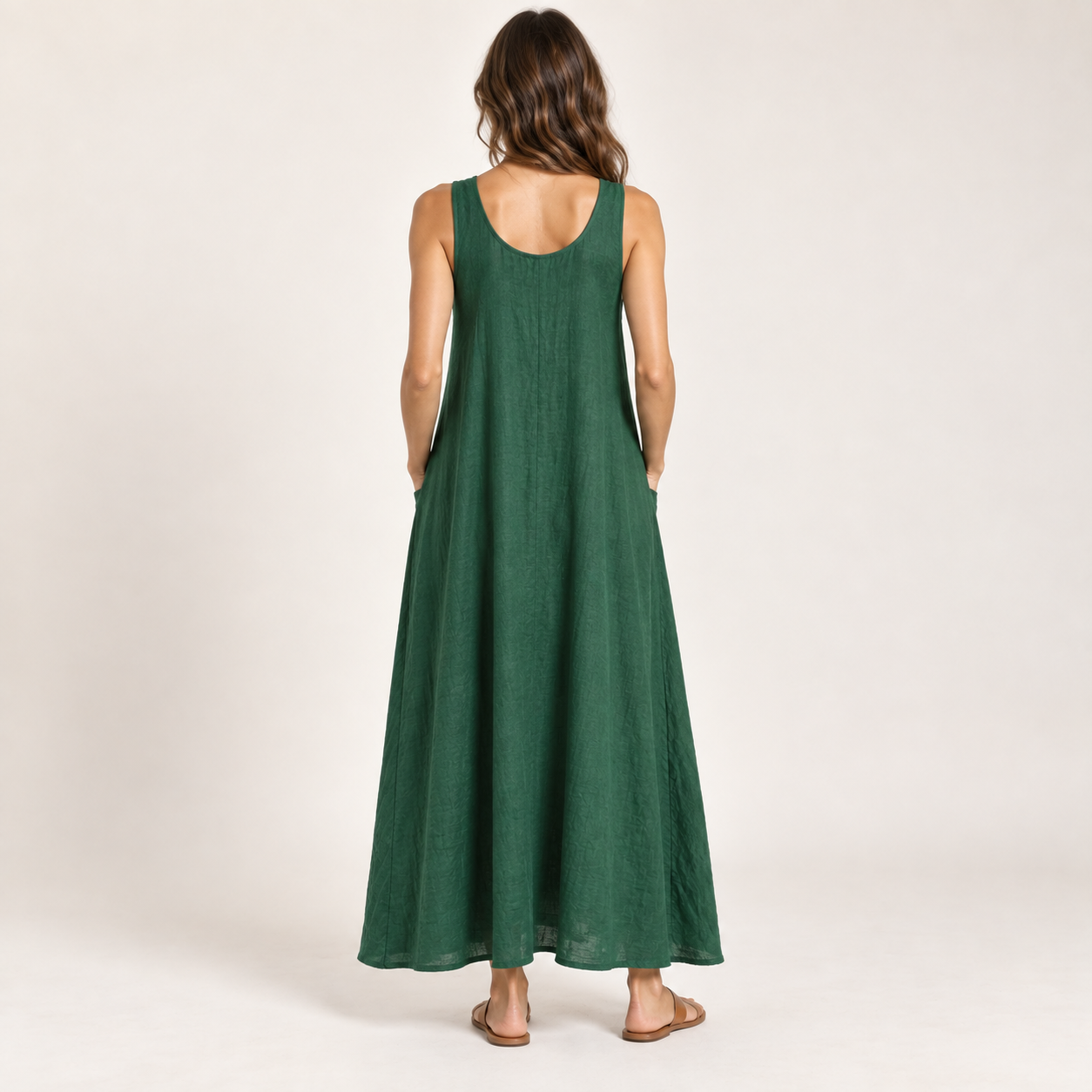 Emerald Green Sleeveless Linen Maxi Dress with Pockets back view