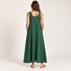 Emerald Green Sleeveless Linen Maxi Dress with Pockets back view