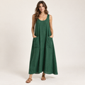 Emerald Green Sleeveless Linen Maxi Dress with Pockets front view