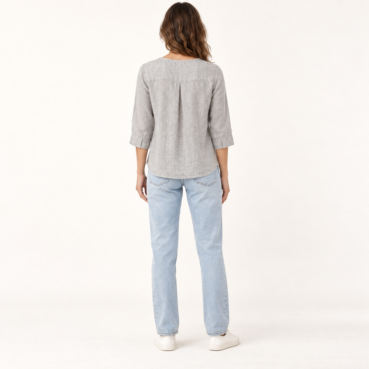 Light Grey Stonewashed Linen Blouse with Back Pleat back view