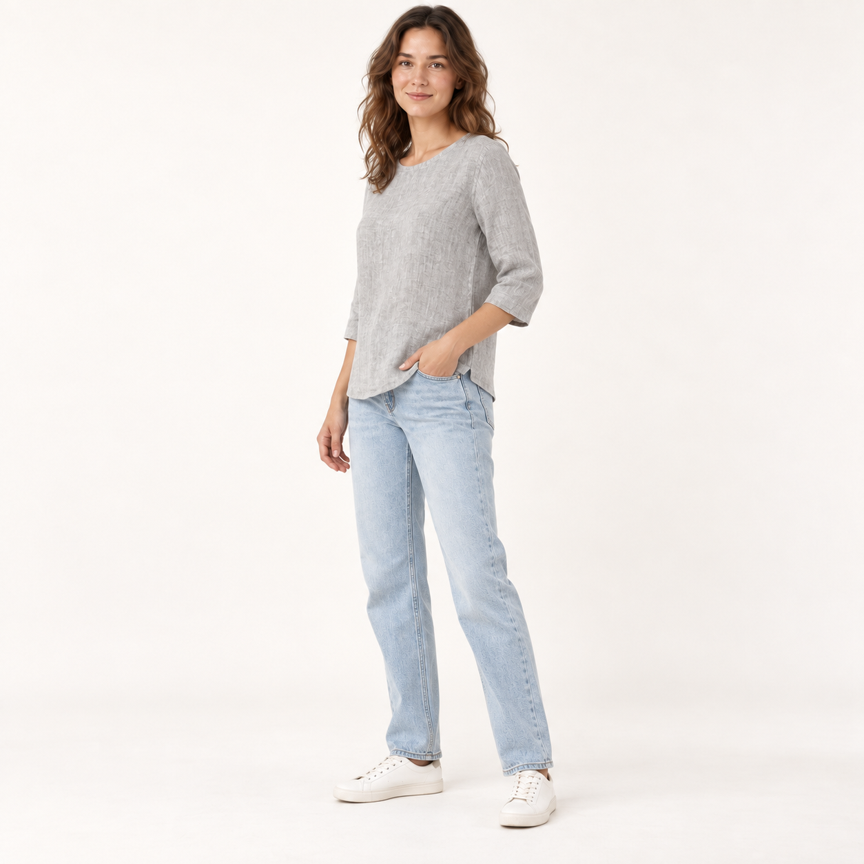 Light Grey Stonewashed Linen Blouse with Back Pleat side view