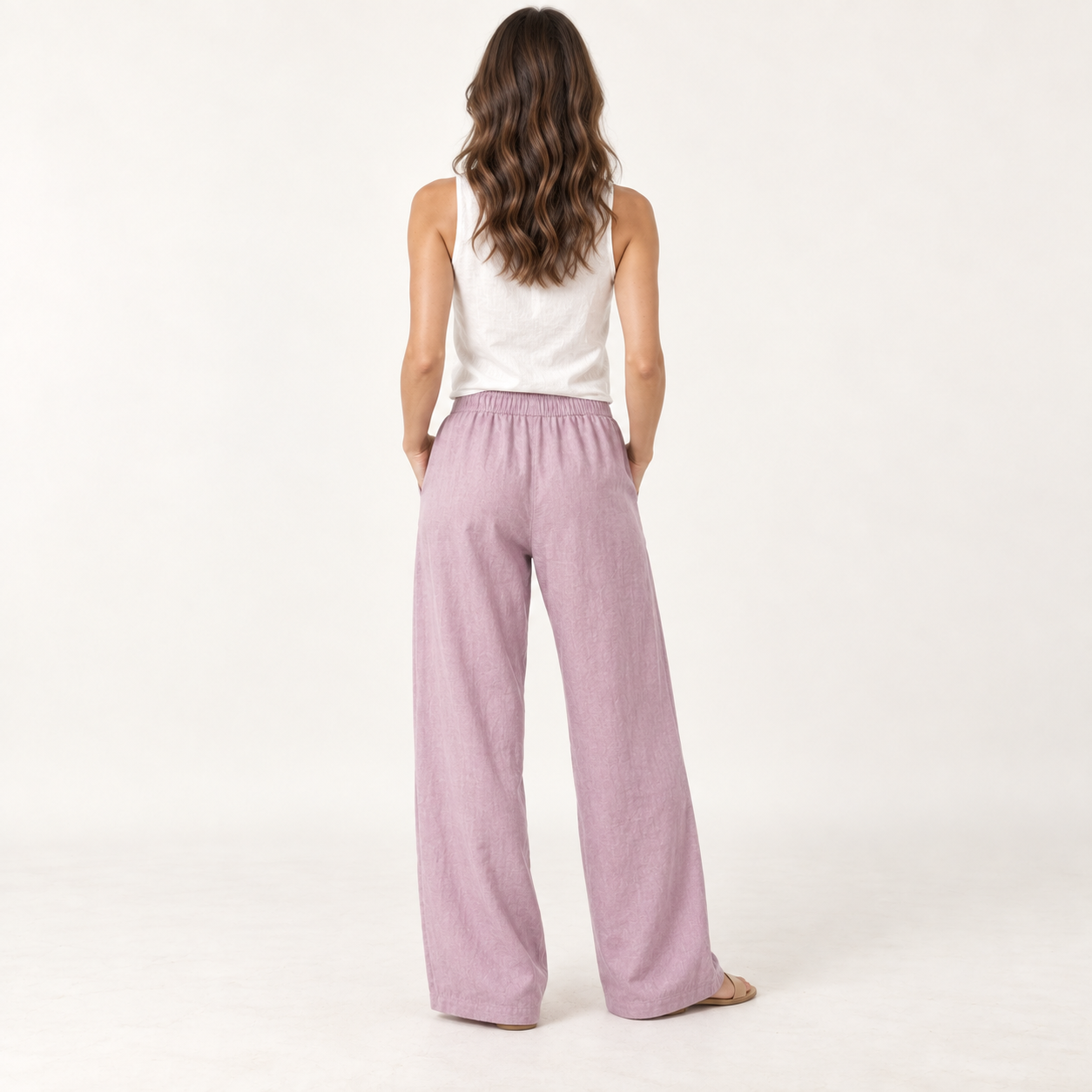 Lavender Pink Relaxed Linen Wide-Leg Trousers back view