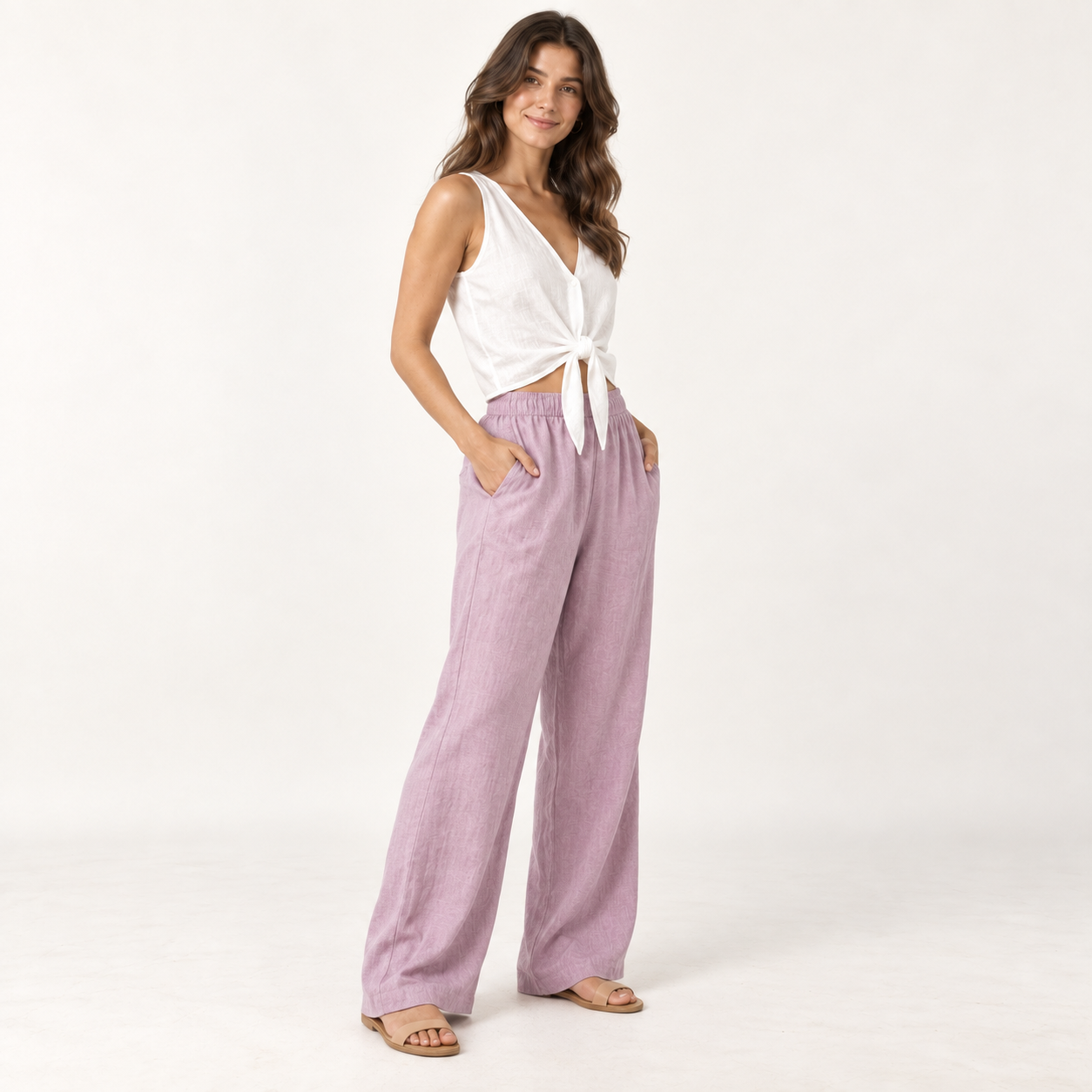 Lavender Pink Relaxed Linen Wide-Leg Trousers side view