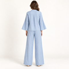 Light Blue Bell-Sleeve Cotton-Linen Co-ord Set back view