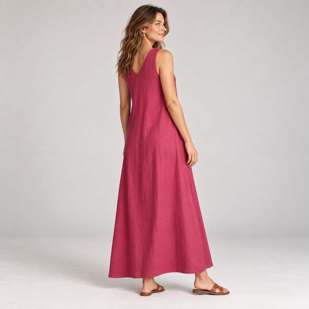 Rear three-quarter view of Cuirsy magenta V-neck linen maxi dress
