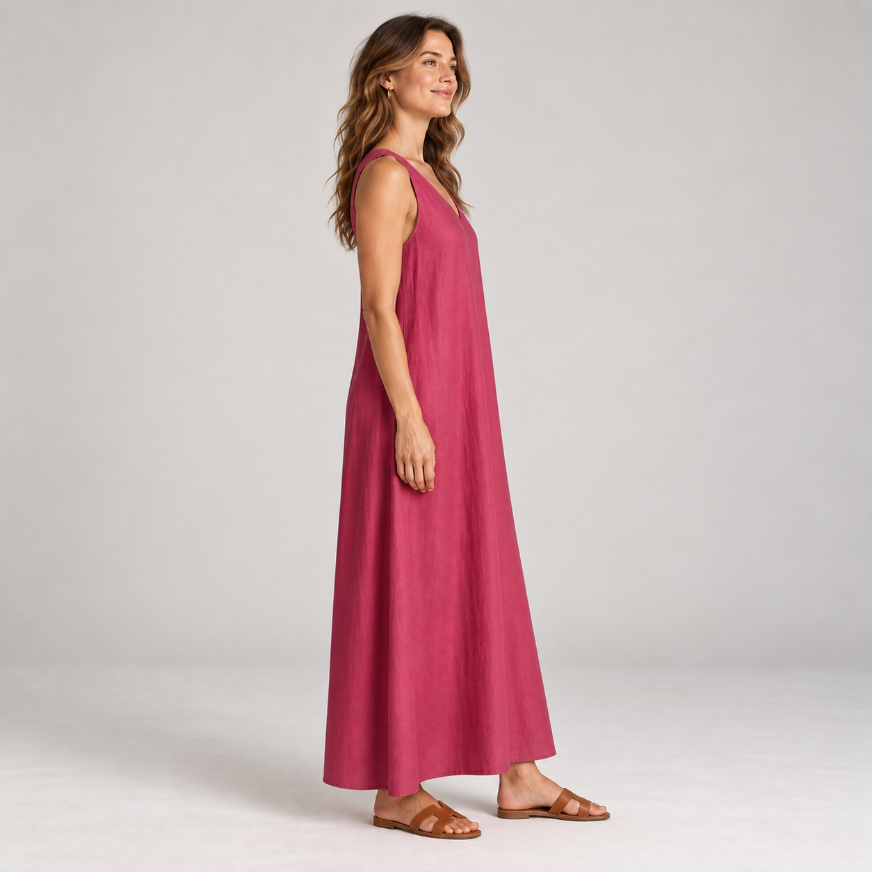 Side view of Cuirsy magenta V-neck linen maxi dress