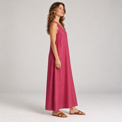 Side view of Cuirsy magenta V-neck linen maxi dress