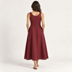 Maroon Round-Neck Linen Midi Dress with Pockets back view