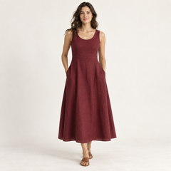 Maroon Round-Neck Linen Midi Dress with Pockets front view