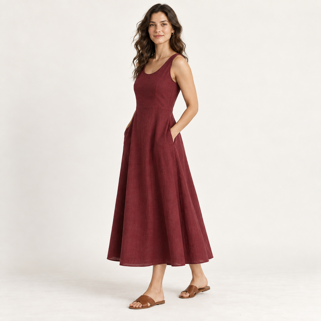 Maroon Round-Neck Linen Midi Dress with Pockets side view