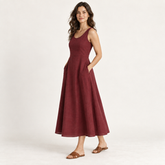 Maroon Round-Neck Linen Midi Dress with Pockets side view