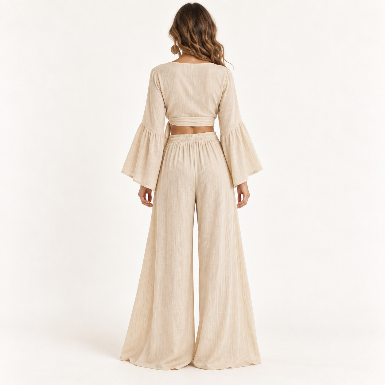 Natural Beige Boho Wrap Top and Wide-Leg Trouser Set back view