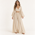 Natural Beige Boho Wrap Top and Wide-Leg Trouser Set front view